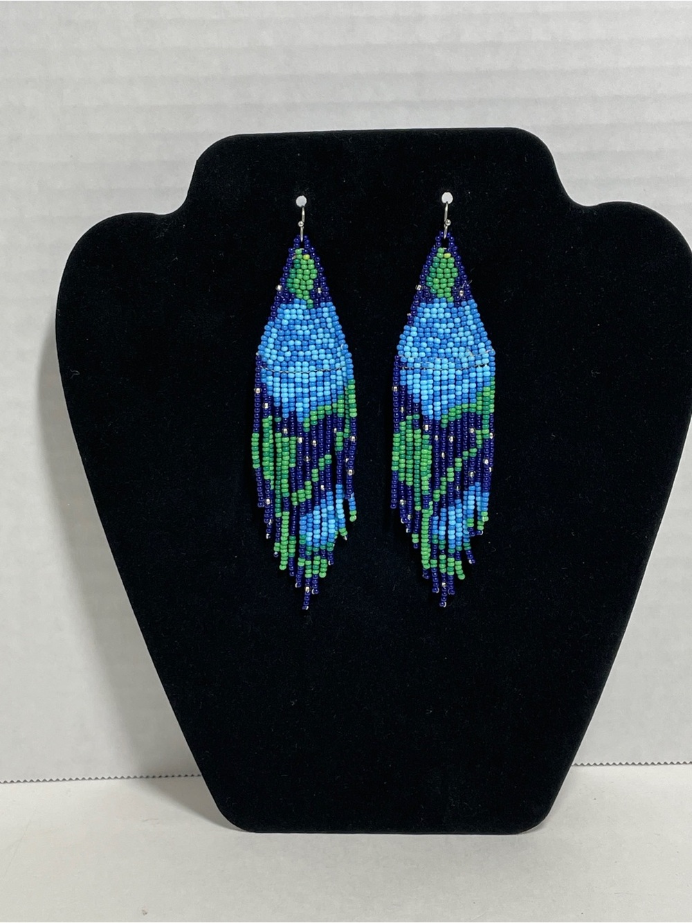 Native American Seed beaded earrings dangle, Blues And Greens 15 Strands Fringe